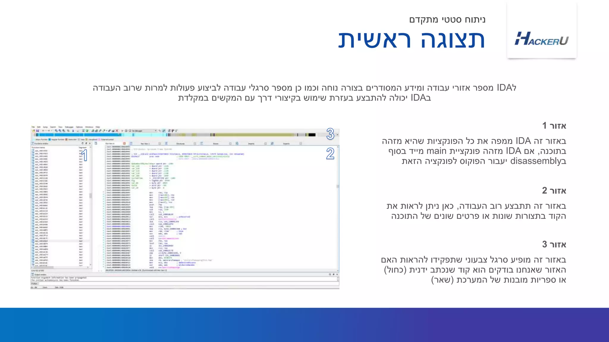 ‫זה‬ ‫באזור‬IDA‫מזהה‬ ‫שהיא‬ ‫הפונקציות‬ ‫כל‬ ‫את‬ ‫ממפה‬
‫בתוכנה‬,‫אם‬IDA‫פונקציית‬ ‫מזהה‬main‫בסוף‬ ‫מייד‬
‫ב‬disassembly‫הזאת‬ ‫לפונקציה‬ ‫הפוקוס‬ ‫יעבור‬
‫ל‬IDA‫העבודה‬ ‫שרוב‬ ‫למרות‬ ‫פעולות‬ ‫לביצוע‬ ‫עבודה‬ ‫סרגלי‬ ‫מספר‬ ‫כן‬ ‫וכמו‬ ‫נוחה‬ ‫בצורה‬ ‫המסודרים‬ ‫ומידע‬ ‫עבודה‬ ‫אזורי‬ ‫מספר‬
‫ב‬IDA‫במקלדת‬ ‫המקשים‬ ‫עם‬ ‫דרך‬ ‫בקיצורי‬ ‫שימוש‬ ‫בעזרת‬ ‫להתבצע‬ ‫יכולה‬
‫אזור‬1
‫העבודה‬ ‫רוב‬ ‫תתבצע‬ ‫זה‬ ‫באזור‬,‫את‬ ‫לראות‬ ‫ניתן‬ ‫כאן‬
‫התוכנה‬ ‫של‬ ‫שונים‬ ‫פרטים‬ ‫או‬ ‫שונות‬ ‫בתצורות‬ ‫הקוד‬
‫אזור‬2
‫ראשית‬ ‫תצוגה‬
‫מתקדם‬ ‫סטטי‬ ‫ניתוח‬
‫האם‬ ‫להראות‬ ‫שתפקידו‬ ‫צבעוני‬ ‫סרגל‬ ‫מופיע‬ ‫זה‬ ‫באזור‬
‫ידנית‬ ‫שנכתב‬ ‫קוד‬ ‫הוא‬ ‫בודקים‬ ‫שאנחנו‬ ‫האזור‬(‫כחול‬)
‫המערכת‬ ‫של‬ ‫מובנות‬ ‫ספריות‬ ‫או‬(‫שאר‬)
‫אזור‬3
 