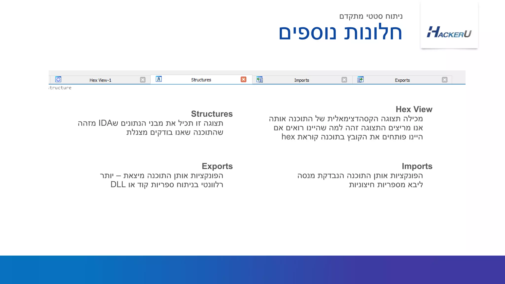 ‫נוספים‬ ‫חלונות‬
Hex View
‫אותה‬ ‫התוכנה‬ ‫של‬ ‫הקסהדצימאלית‬ ‫תצוגה‬ ‫מכילה‬
‫אם‬ ‫רואים‬ ‫שהיינו‬ ‫למה‬ ‫זהה‬ ‫התצוגה‬ ‫מריצים‬ ‫אנו‬
‫קוראת‬ ‫בתוכנה‬ ‫הקובץ‬ ‫את‬ ‫פותחים‬ ‫היינו‬hex
Structures
‫ש‬ ‫הנתונים‬ ‫מבני‬ ‫את‬ ‫תכיל‬ ‫זו‬ ‫תצוגה‬IDA‫מזהה‬
‫מצנלת‬ ‫בודקים‬ ‫שאנו‬ ‫שהתוכנה‬
Imports
‫מנסה‬ ‫הנבדקת‬ ‫התוכנה‬ ‫אותן‬ ‫הפונקציות‬
‫חיצוניות‬ ‫מספריות‬ ‫ליבא‬
Exports
‫מיצאת‬ ‫התוכנה‬ ‫אותן‬ ‫הפונקציות‬–‫יותר‬
‫או‬ ‫קוד‬ ‫ספריות‬ ‫בניתוח‬ ‫רלוונטי‬DLL
‫מתקדם‬ ‫סטטי‬ ‫ניתוח‬
 
