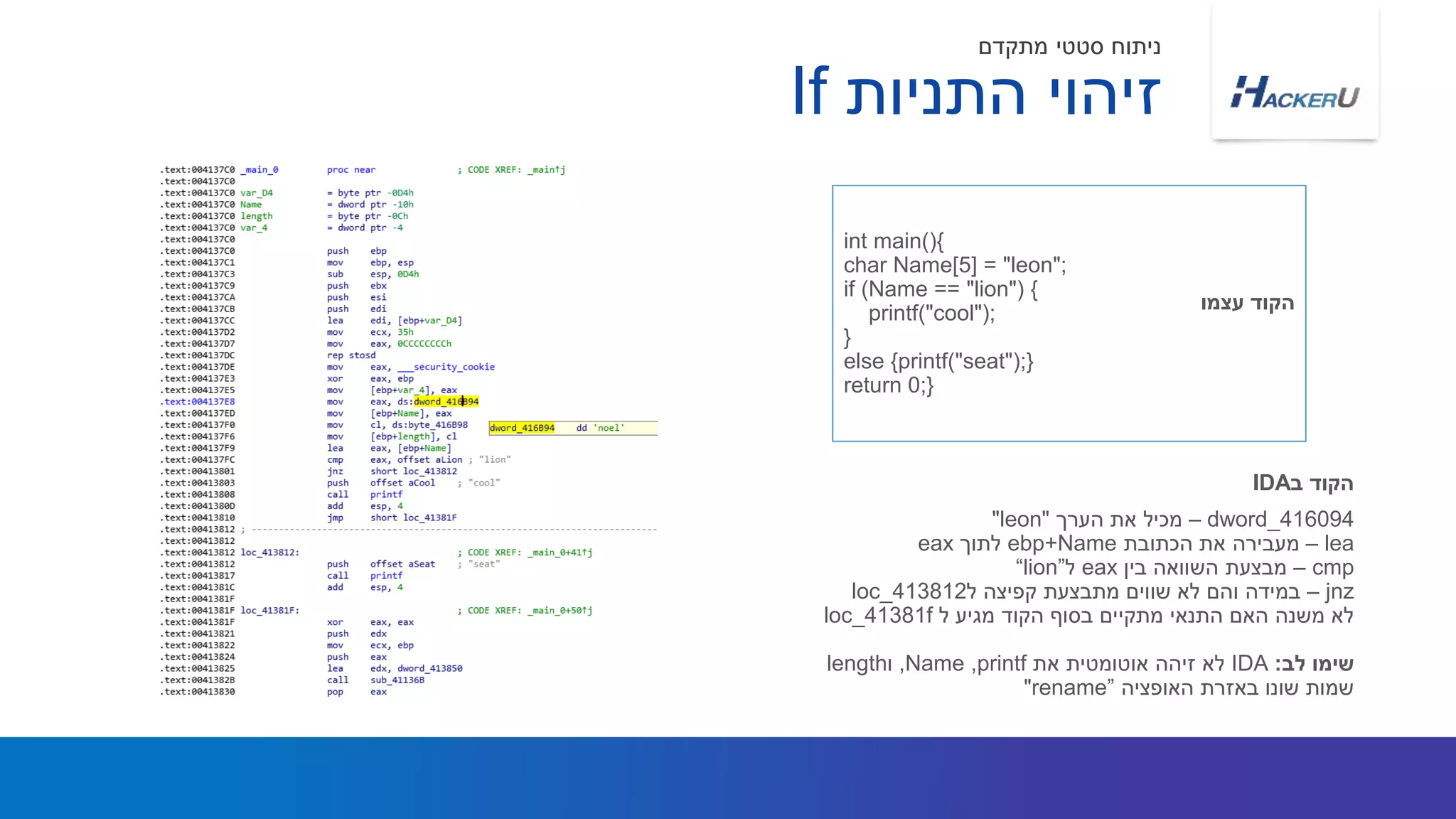 int main(){
char Name[5] = "leon";
if (Name == "lion") {
printf("cool");
}
else {printf("seat");}
return 0;}
‫עצמו‬ ‫הקוד‬
‫התניות‬ ‫זיהוי‬If
‫מתקדם‬ ‫סטטי‬ ‫ניתוח‬
dword_416094–‫הערך‬ ‫את‬ ‫מכיל‬"leon"
lea–‫הכתובת‬ ‫את‬ ‫מעבירה‬ebp+Name‫לתוך‬eax
cmp–‫בין‬ ‫השוואה‬ ‫מבצעת‬eax‫ל‬“lion”
jnz–‫ל‬ ‫קפיצה‬ ‫מתבצעת‬ ‫שווים‬ ‫לא‬ ‫והם‬ ‫במידה‬loc_413812
‫ל‬ ‫מגיע‬ ‫הקוד‬ ‫בסוף‬ ‫מתקיים‬ ‫התנאי‬ ‫האם‬ ‫משנה‬ ‫לא‬loc_41381f
‫לב‬ ‫שימו‬:IDA‫את‬ ‫אוטומטית‬ ‫זיהה‬ ‫לא‬printf,Name,‫ו‬length
‫האופציה‬ ‫באזרת‬ ‫שונו‬ ‫שמות‬"rename”
‫ב‬ ‫הקוד‬IDA
 