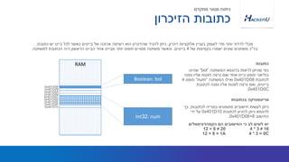 ‫המשתנה‬ ‫בדוגמא‬ ‫לראות‬ ‫שניתן‬ ‫כפי‬“bol”‫שהינו‬
‫נפנה‬ ‫אליו‬ ‫לפנות‬ ‫נרצה‬ ‫ואם‬ ‫אחד‬ ‫בייט‬ ‫תופס‬ ‫בוליאני‬
‫לכתובת‬8x401D00‫המשתנה‬ ‫ואילו‬“num”‫תופס‬4
‫בייטים‬,‫לכתובת‬ ‫נפנה‬ ‫אליו‬ ‫לפנות‬ ‫נרצה‬ ‫ואם‬
0x401D0C.
‫זיכרון‬ ‫אלוקציות‬ ‫בעניין‬ ‫לעומק‬ ‫מדי‬ ‫יותר‬ ‫לרדת‬ ‫מבלי‬,‫כתובת‬ ‫יש‬ ‫בייט‬ ‫לכל‬ ‫כאשר‬ ‫בייטים‬ ‫של‬ ‫ארוכה‬ ‫רשימה‬ ‫הוא‬ ‫שהזיכרון‬ ‫להגיד‬ ‫ניתן‬.
‫בד‬"‫של‬ ‫בקפיצות‬ ‫ישמרו‬ ‫שונים‬ ‫משתנים‬ ‫כ‬4‫בייטים‬,‫למשתנה‬ ‫הכתובת‬ ‫היה‬ ‫הראשון‬ ‫הבייט‬ ‫אחד‬ ‫מבייט‬ ‫יותר‬ ‫תופס‬ ‫מסויים‬ ‫משתנה‬ ‫וכאשר‬.
‫כתובות‬
‫לכתובות‬ ‫בפנייה‬ ‫מתמטים‬ ‫חישובים‬ ‫לעשות‬ ‫ניתן‬,‫כך‬
‫לכתובת‬ ‫להגיע‬ ‫ניתן‬ ‫לדוגמא‬0x401D10‫ידי‬ ‫על‬
‫החישוב‬0x401D08+8.
‫הקסהדצימאלים‬ ‫הם‬ ‫החישובים‬ ‫כי‬ ‫לב‬ ‫לשים‬ ‫יש‬
4 * 3 ≠ 1612 + 8 ≠ 20
4 * 3 = 0C12 + 8 = 1A
‫בכתובות‬ ‫אריטמטיקה‬
‫הזיכרון‬ ‫כתובות‬
‫מתקדם‬ ‫סטטי‬ ‫ניתוח‬
RAM
Boolean: bol
Int32: num
0x401D08
0x401D09
0x401D0A
0x401D0B
0x401D0C
0x401D0D
0x401D0E
0x401D0F
0x401D10
 