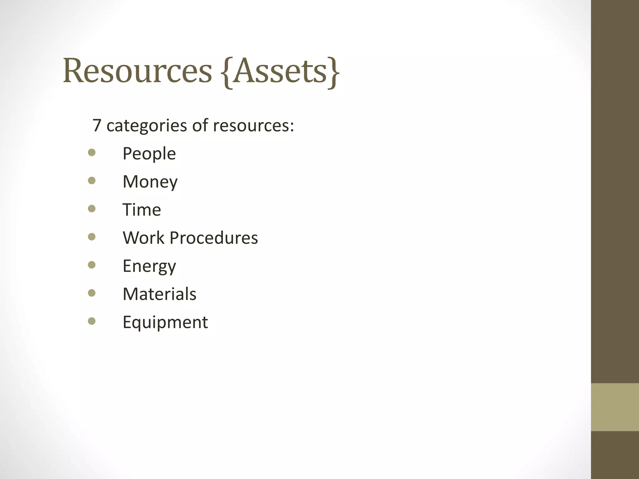 Resources {Assets}
7 categories of resources:
 People
 Money
 Time
 Work Procedures
 Energy
 Materials
 Equipment
 