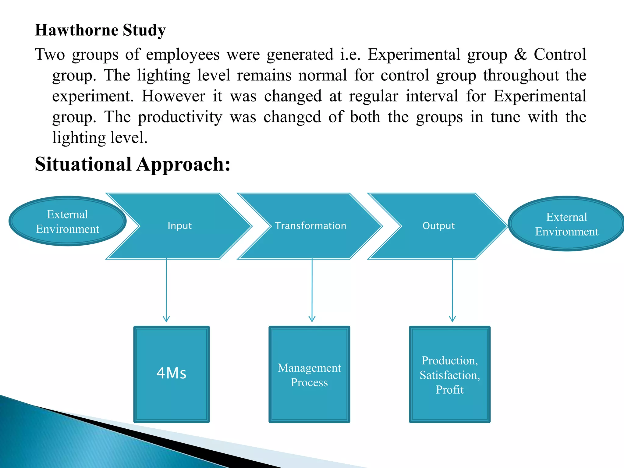 Hawthorne Study
Two groups of employees were generated i.e. Experimental group & Control
group. The lighting level remains normal for control group throughout the
experiment. However it was changed at regular interval for Experimental
group. The productivity was changed of both the groups in tune with the
lighting level.
Situational Approach:
Input Transformation Output
External
Environment
External
Environment
4Ms Management
Process
Production,
Satisfaction,
Profit
 