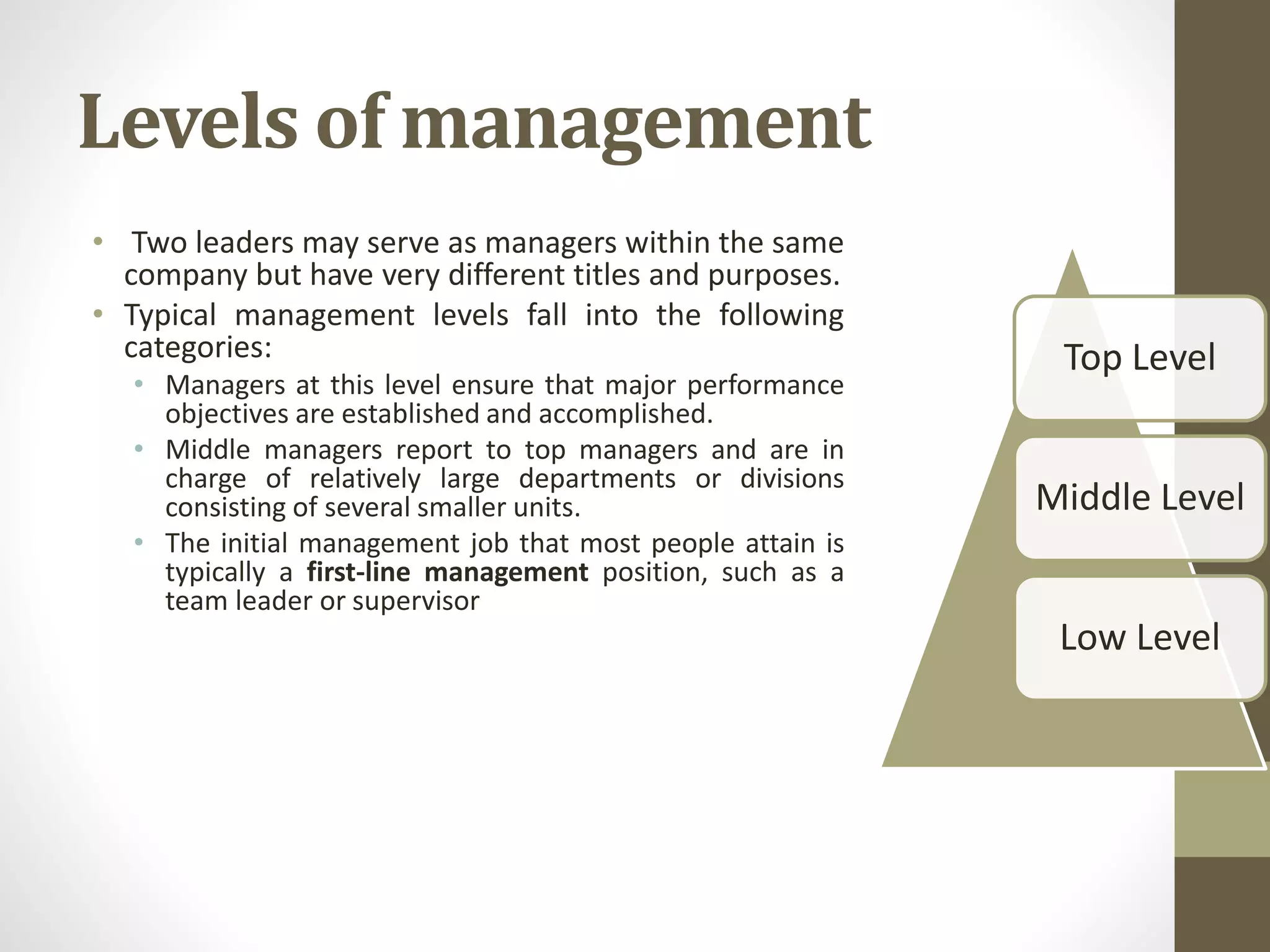 Levels of management
• Two leaders may serve as managers within the same
company but have very different titles and purposes.
• Typical management levels fall into the following
categories:
• Managers at this level ensure that major performance
objectives are established and accomplished.
• Middle managers report to top managers and are in
charge of relatively large departments or divisions
consisting of several smaller units.
• The initial management job that most people attain is
typically a first-line management position, such as a
team leader or supervisor
Top Level
Middle Level
Low Level
 