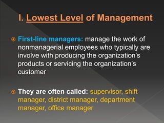  First-line managers: manage the work of
nonmanagerial employees who typically are
involve with producing the organization’s
products or servicing the organization’s
customer
 They are often called: supervisor, shift
manager, district manager, department
manager, office manager
 