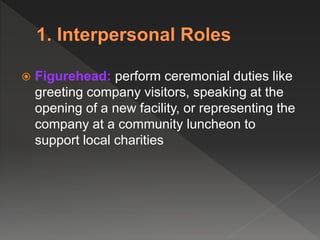  Figurehead: perform ceremonial duties like
greeting company visitors, speaking at the
opening of a new facility, or representing the
company at a community luncheon to
support local charities
 