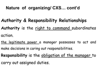 Nature of organizing/ CXS… cont’d
Authority & Responsibility Relationships
Authority is the right to command subordinates
action.
the legitimate power a manager possesses to act and
make decisions in caring out responsibilities.
Responsibility is the obligation of the manager to
carry out assigned duties.
 