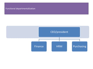 Functional departmentalization
CEO/president
Finance HRM Purchasing
 