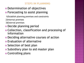  Determination of objectives
 Forecasting to assist planning
1)Establish planning premises and constraints
2)Internal premises
3)External premises
 Decide planning period
 Collection, classification and processing of
information
 Deciding alternative courses of action
 Evaluation of alternative
 Selection of best plan
 Subsidiary plan to aid master plan
 Controlling plans
 