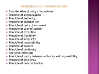  Consideration of unity of objectives
 Principle of specialization
 Principle of authority
 Principle of coordination
 Principle of unity of command
 Principle of span of control
 Principle of exception
 Principle of flexibility
 Principle of simplicity
 Principle of responsibility
 Principle of balance
 Principle of continuity
 The scalar principle
 Principle of parity between authority and responsibility
 Principle of efficiency
 Principle of communication
 