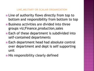  Line of authority flows directly from top to
bottom and responsibility from bottom to top
 Business activities are divided into three
groups viz;Finance,production,sales
 Each of these department is subdivided into
self-contained departments
 Each department head had absolute control
over department and dept is self supporting
unit
 His responsibility clearly defined
 