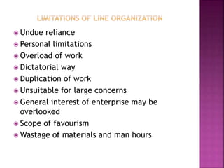  Undue reliance
 Personal limitations
 Overload of work
 Dictatorial way
 Duplication of work
 Unsuitable for large concerns
 General interest of enterprise may be
overlooked
 Scope of favourism
 Wastage of materials and man hours
 