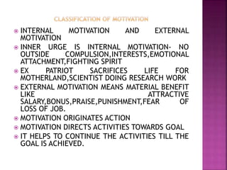  INTERNAL MOTIVATION AND EXTERNAL
MOTIVATION
 INNER URGE IS INTERNAL MOTIVATION- NO
OUTSIDE COMPULSION,INTERESTS,EMOTIONAL
ATTACHMENT,FIGHTING SPIRIT
 EX PATRIOT SACRIFICES LIFE FOR
MOTHERLAND,SCIENTIST DOING RESEARCH WORK
 EXTERNAL MOTIVATION MEANS MATERIAL BENEFIT
LIKE ATTRACTIVE
SALARY,BONUS,PRAISE,PUNISHMENT,FEAR OF
LOSS OF JOB.
 MOTIVATION ORIGINATES ACTION
 MOTIVATION DIRECTS ACTIVITIES TOWARDS GOAL
 IT HELPS TO CONTINUE THE ACTIVITIES TILL THE
GOAL IS ACHIEVED.
 