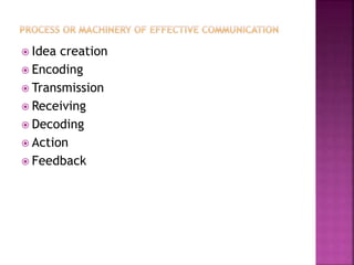  Idea creation
 Encoding
 Transmission
 Receiving
 Decoding
 Action
 Feedback
 