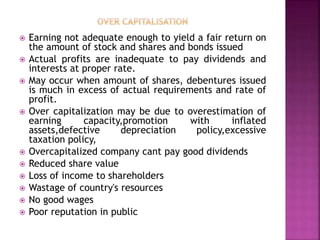  Earning not adequate enough to yield a fair return on
the amount of stock and shares and bonds issued
 Actual profits are inadequate to pay dividends and
interests at proper rate.
 May occur when amount of shares, debentures issued
is much in excess of actual requirements and rate of
profit.
 Over capitalization may be due to overestimation of
earning capacity,promotion with inflated
assets,defective depreciation policy,excessive
taxation policy,
 Overcapitalized company cant pay good dividends
 Reduced share value
 Loss of income to shareholders
 Wastage of country's resources
 No good wages
 Poor reputation in public
 