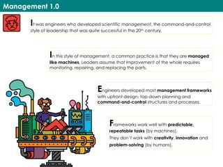 Management 1.0
It was engineers who developed scientific management, the command-and-control
style of leadership that was quite successful in the 20th century.
In this style of management, a common practice is that they are managed
like machines. Leaders assume that improvement of the whole requires
monitoring, repairing, and replacing the parts.
Engineers developed most management frameworks
with upfront design, top-down planning and
command-and-control structures and processes.
Frameworks work well with predictable,
repeatable tasks (by machines).
They don’t work with creativity, innovation and
problem-solving (by humans).
 