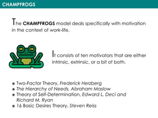 CHAMPFROGS
It consists of ten motivators that are either
intrinsic, extrinsic, or a bit of both.
The CHAMPFROGS model deals specifically with motivation
in the context of work-life.
๏ Two-Factor Theory, Frederick Herzberg
๏ The Hierarchy of Needs, Abraham Maslow
๏ Theory of Self-Determination, Edward L. Deci and
Richard M. Ryan
๏ 16 Basic Desires Theory, Steven Reiss
 