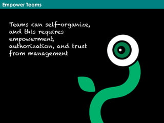 Empower Teams
Teams can self-organize,
and this requires
empowerment,
authorization, and trust
from management
 
