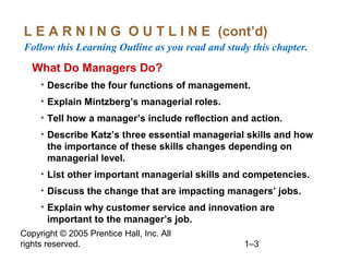Copyright © 2005 Prentice Hall, Inc. All
rights reserved. 1–3
L E A R N I N G O U T L I N E (cont’d)
Follow this Learning Outline as you read and study this chapter.
What Do Managers Do?
• Describe the four functions of management.
• Explain Mintzberg’s managerial roles.
• Tell how a manager’s include reflection and action.
• Describe Katz’s three essential managerial skills and how
the importance of these skills changes depending on
managerial level.
• List other important managerial skills and competencies.
• Discuss the change that are impacting managers’ jobs.
• Explain why customer service and innovation are
important to the manager’s job.
 