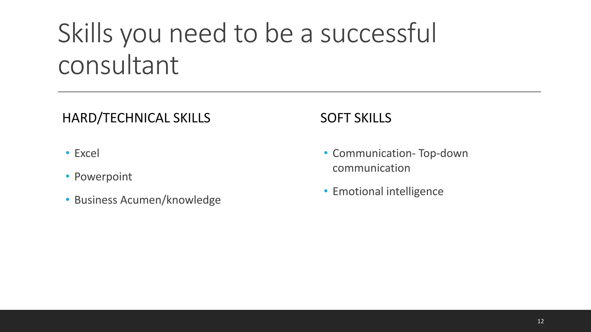Skills you need to be a successful
consultant
HARD/TECHNICAL SKILLS
• Excel
• Powerpoint
• Business Acumen/knowledge
SOFT SKILLS
• Communication- Top-down
communication
• Emotional intelligence
12
 