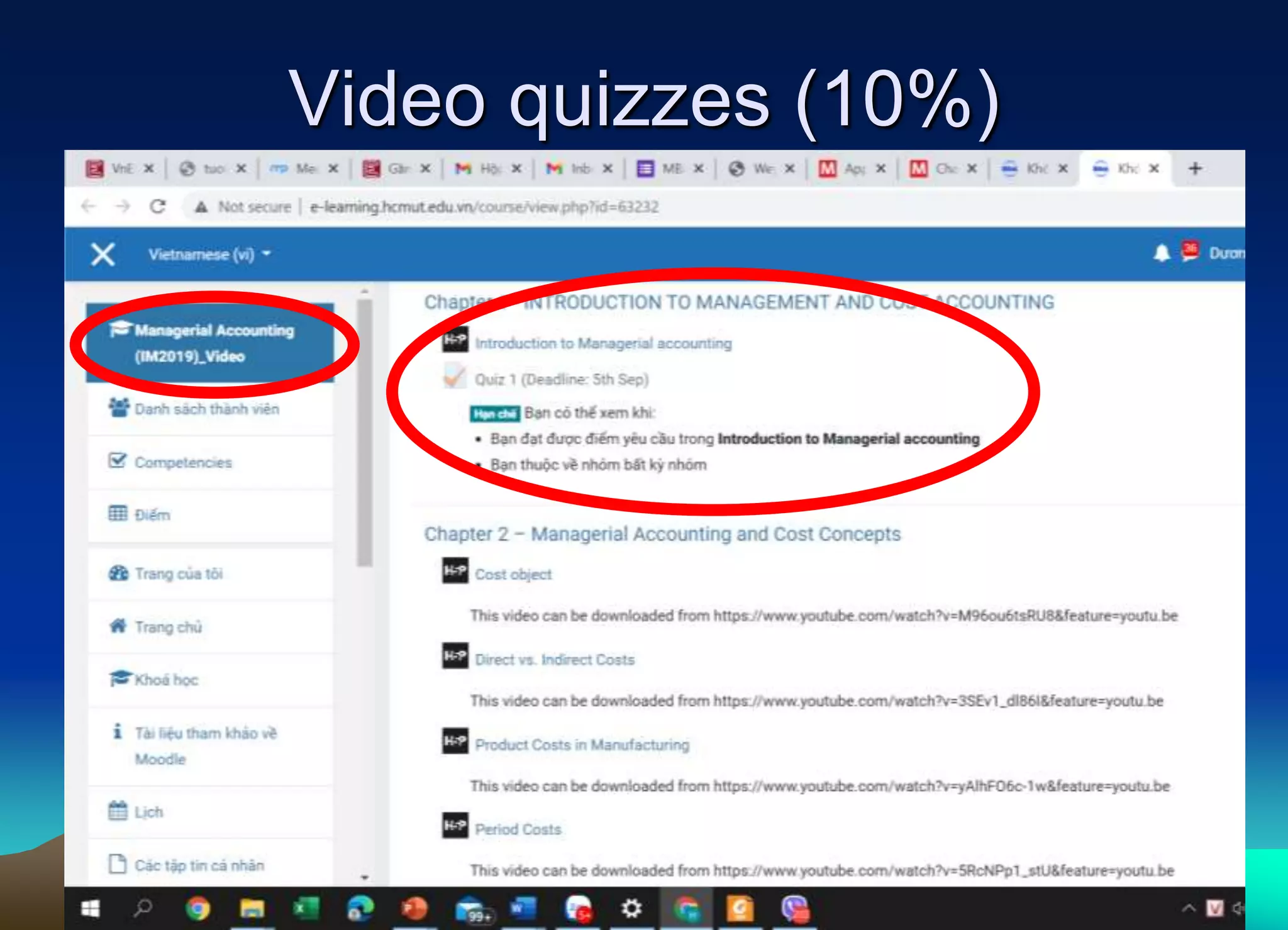 Video quizzes (10%)
7
 