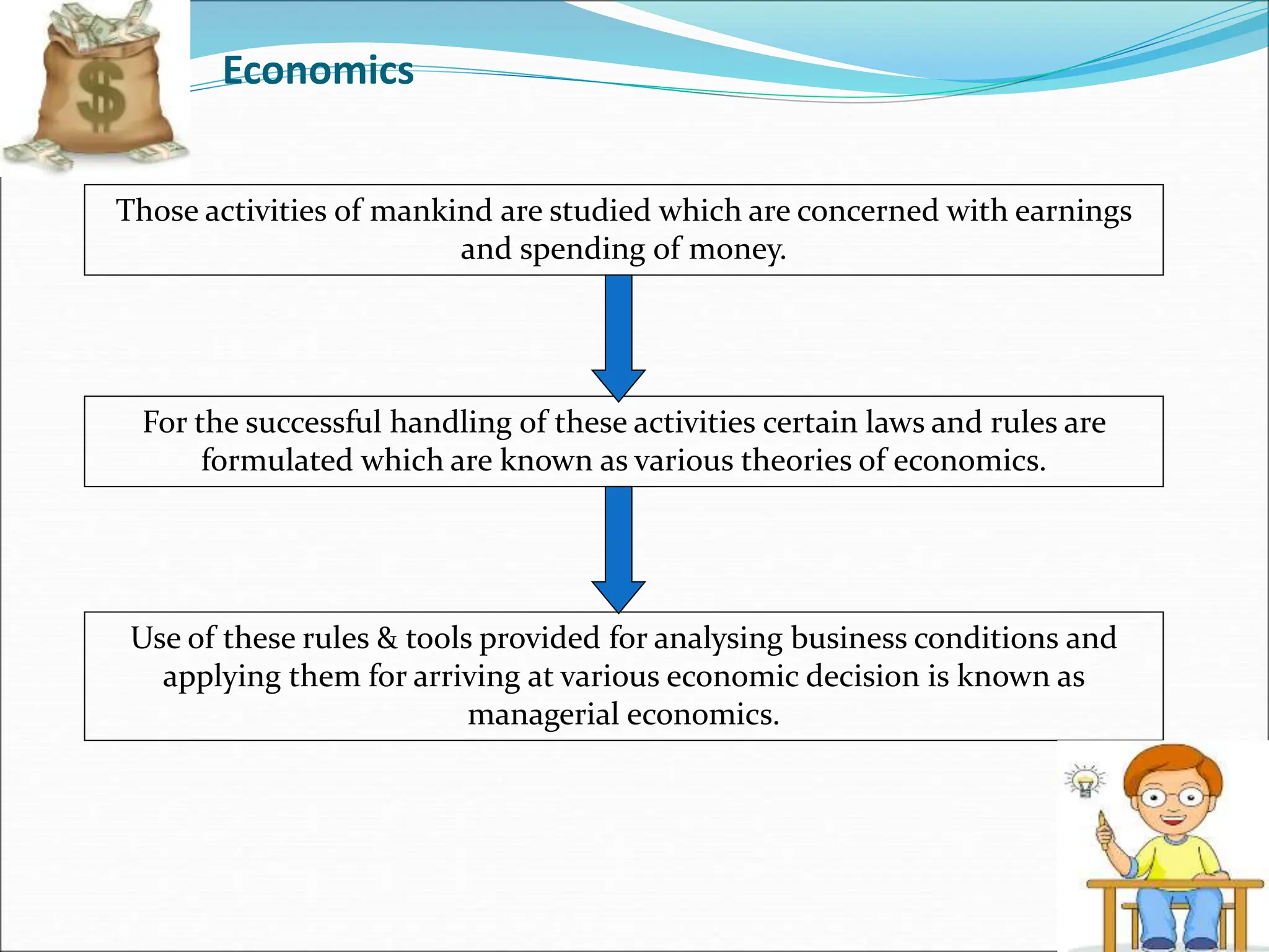 Economics
Those activities of mankind are studied which are concerned with earnings
and spending of money.
For the successful handling of these activities certain laws and rules are
formulated which are known as various theories of economics.
Use of these rules & tools provided for analysing business conditions and
applying them for arriving at various economic decision is known as
managerial economics.
 