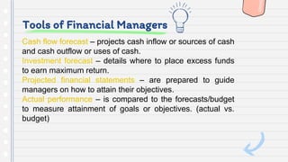 Tools of Financial Managers
Cash flow forecast – projects cash inflow or sources of cash
and cash outflow or uses of cash.
Investment forecast – details where to place excess funds
to earn maximum return.
Projected financial statements – are prepared to guide
managers on how to attain their objectives.
Actual performance – is compared to the forecasts/budget
to measure attainment of goals or objectives. (actual vs.
budget)
 