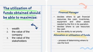 The utilization of
funds obtained should
be able to maximize:
Financal Manager
Allocation or utilization of funds
1. wealth
2. the value of the
company
3. the value of the
stakeholders
• decides where to get financial
resources like cash, inventories,
equipment and other assets
needed by the firm in its operation.
• decides where to use resources
like cash
• has the ability to set priority
- process of determining where to
use the fund
 