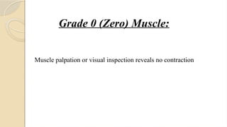 Grade 0 (Zero) Muscle:
Muscle palpation or visual inspection reveals no contraction
 