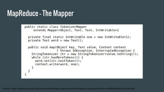 MapReduce - The Mapper
Source: https://hadoop.apache.org/docs/current/hadoop-mapreduce-client/hadoop-mapreduce-client-core/MapReduceTutorial.html
 