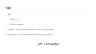 Grid
• Core:
• Data mining
• Machine Learning
• Collecting data from users, logs and calculate out the strategy
• Sort our data in a proper form, them we could use it anytime

Data -> Information

 