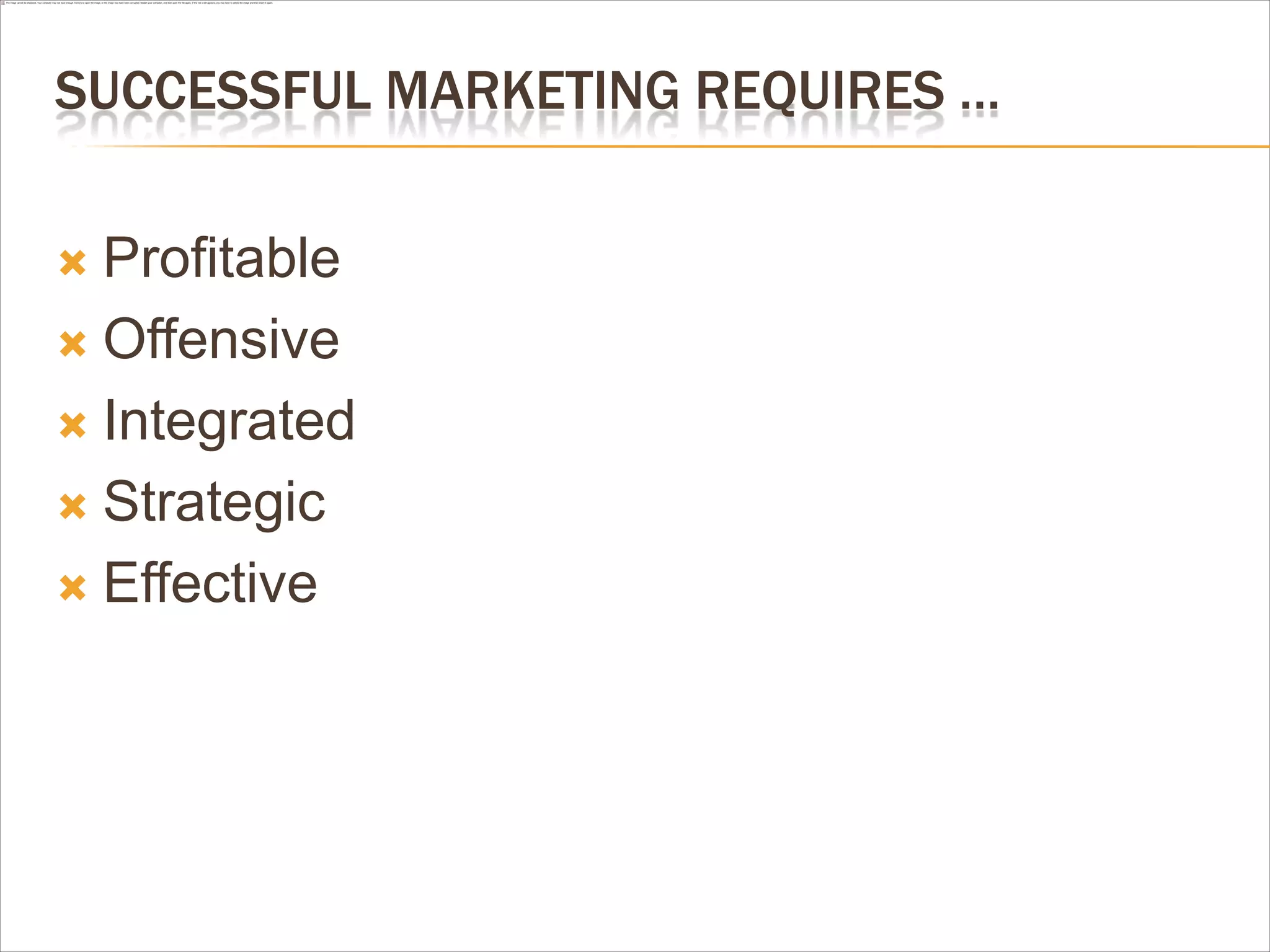 SUCCESSFUL MARKETING REQUIRES …

 Profitable
 Offensive

 Integrated

 Strategic

 Effective
 