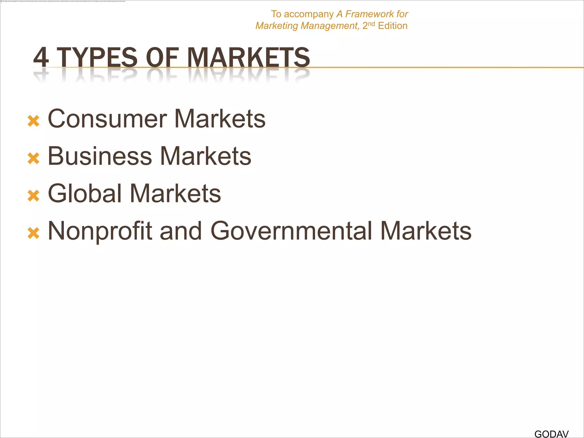 To accompany A Framework for
                  Marketing Management, 2nd Edition


4 TYPES OF MARKETS

 Consumer Markets
 Business Markets

 Global Markets

 Nonprofit and Governmental Markets




                                                      GODAV
 