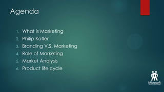 Agenda
1.

What is Marketing

2.

Philip Kotler

3.

Branding V.S. Marketing

4.

Role of Marketing

5.

Market Analysis

6.

Product life cycle

 