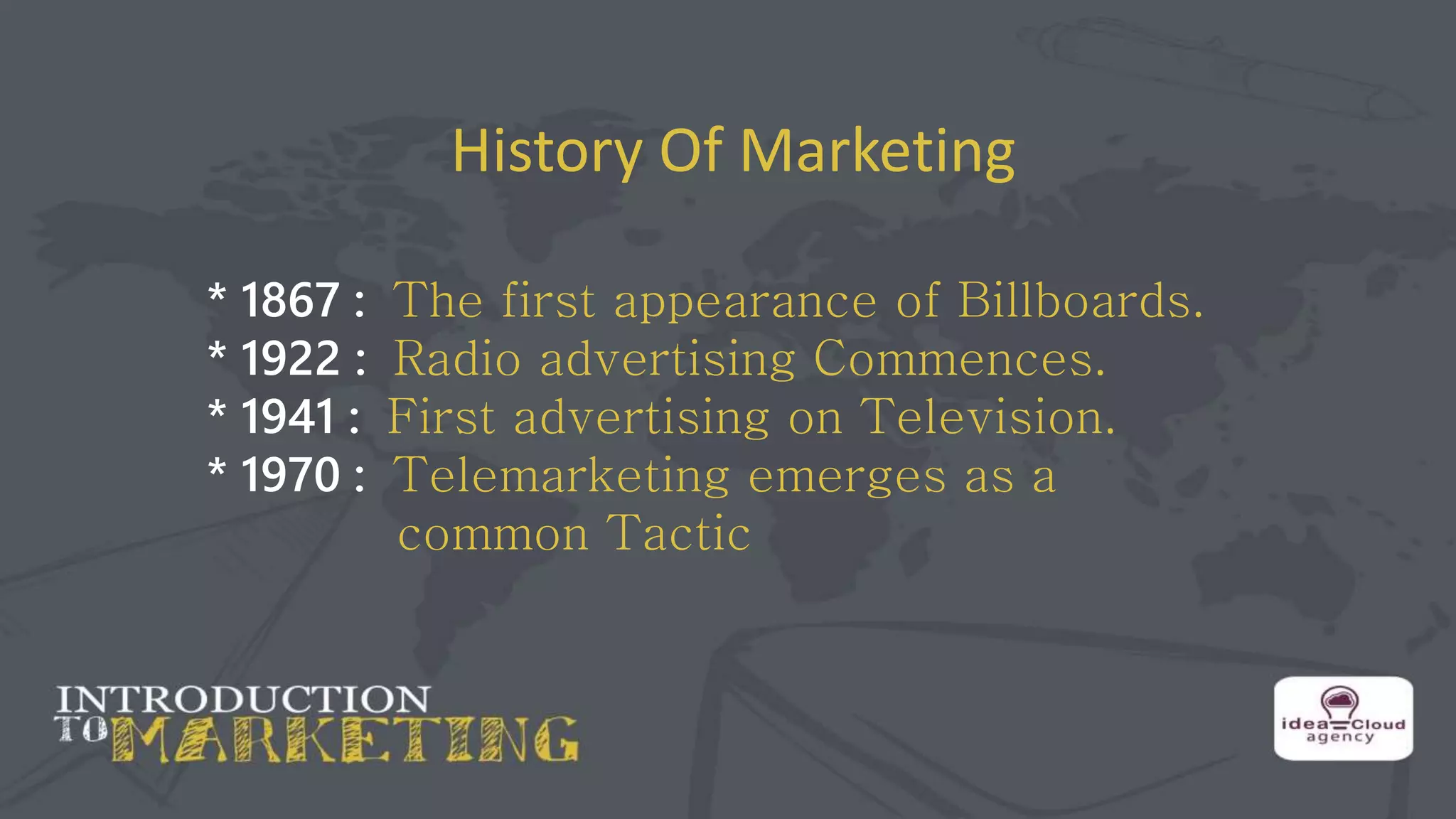 History Of Marketing
* 1867 : The first appearance of Billboards.
* 1922 : Radio advertising Commences.
* 1941 : First advertising on Television.
* 1970 : Telemarketing emerges as a
common Tactic
 