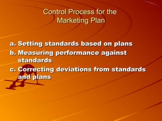 Control Process for theControl Process for the
Marketing PlanMarketing Plan
a.a. Setting standards based on plansSetting standards based on plans
b.b. Measuring performance againstMeasuring performance against
standardsstandards
c.c. Correcting deviations from standardsCorrecting deviations from standards
and plansand plans
 