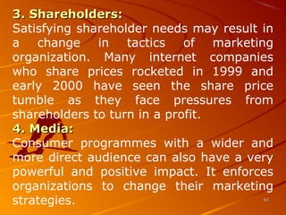 3. Shareholders:3. Shareholders:
Satisfying shareholder needs may result in 
a  change  in  tactics  of  marketing 
organization.  Many  internet  companies 
who  share  prices  rocketed  in  1999  and 
early  2000  have  seen  the  share  price 
tumble  as  they  face  pressures  from 
shareholders to turn in a profit.
4. Media:4. Media:
Consumer  programmes  with  a  wider  and 
more direct audience can also have a very 
powerful  and  positive  impact.  It  enforces 
organizations  to  change  their  marketing 
strategies. 6262
 