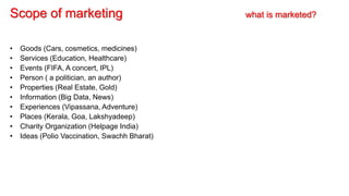 Scope of marketing what is marketed?
• Goods (Cars, cosmetics, medicines)
• Services (Education, Healthcare)
• Events (FIFA, A concert, IPL)
• Person ( a politician, an author)
• Properties (Real Estate, Gold)
• Information (Big Data, News)
• Experiences (Vipassana, Adventure)
• Places (Kerala, Goa, Lakshyadeep)
• Charity Organization (Helpage India)
• Ideas (Polio Vaccination, Swachh Bharat)
 