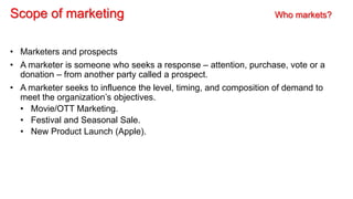 Scope of marketing Who markets?
• Marketers and prospects
• A marketer is someone who seeks a response – attention, purchase, vote or a
donation – from another party called a prospect.
• A marketer seeks to influence the level, timing, and composition of demand to
meet the organization’s objectives.
• Movie/OTT Marketing.
• Festival and Seasonal Sale.
• New Product Launch (Apple).
 