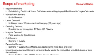 Scope of marketing Demand States
• Negative Demand
• Petrol during Covid lock down. Gulf states were willing to pay U$ 40/barrel to “buyers” of crude.
• Non-existent demand
• Audio Systems
• Latent Demand
• Unbiased news, Wireless devices/charging (20 years ago)
• Declining Demand
• Dongles for net connection, TV Sets, CD Players
• Irregular Demand
• Face Masks, Air Conditioners
• Full Demand
• Demand = Supply
• Excessive Demand
• Demand > Supply (Face Masks, sanitizers during initial days of Covid)
• Unwholesome demand (demand consumer badly wants the product but shouldn’t desire or take
the decision)
 