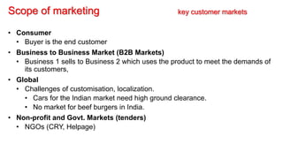Scope of marketing key customer markets
• Consumer
• Buyer is the end customer
• Business to Business Market (B2B Markets)
• Business 1 sells to Business 2 which uses the product to meet the demands of
its customers,
• Global
• Challenges of customisation, localization.
• Cars for the Indian market need high ground clearance.
• No market for beef burgers in India.
• Non-profit and Govt. Markets (tenders)
• NGOs (CRY, Helpage)
 
