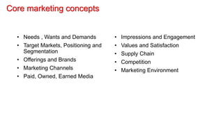 Core marketing concepts
• Needs , Wants and Demands
• Target Markets, Positioning and
Segmentation
• Offerings and Brands
• Marketing Channels
• Paid, Owned, Earned Media
• Impressions and Engagement
• Values and Satisfaction
• Supply Chain
• Competition
• Marketing Environment
 