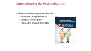Communicating the Positioning (3 of 5)
• Communicating category membership
• Announce category benefits
• Compare to exemplars
• Rely on the product descriptor
 