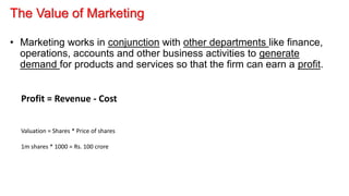 The Value of Marketing
• Marketing works in conjunction with other departments like finance,
operations, accounts and other business activities to generate
demand for products and services so that the firm can earn a profit.
Profit = Revenue - Cost
Valuation = Shares * Price of shares
1m shares * 1000 = Rs. 100 crore
 