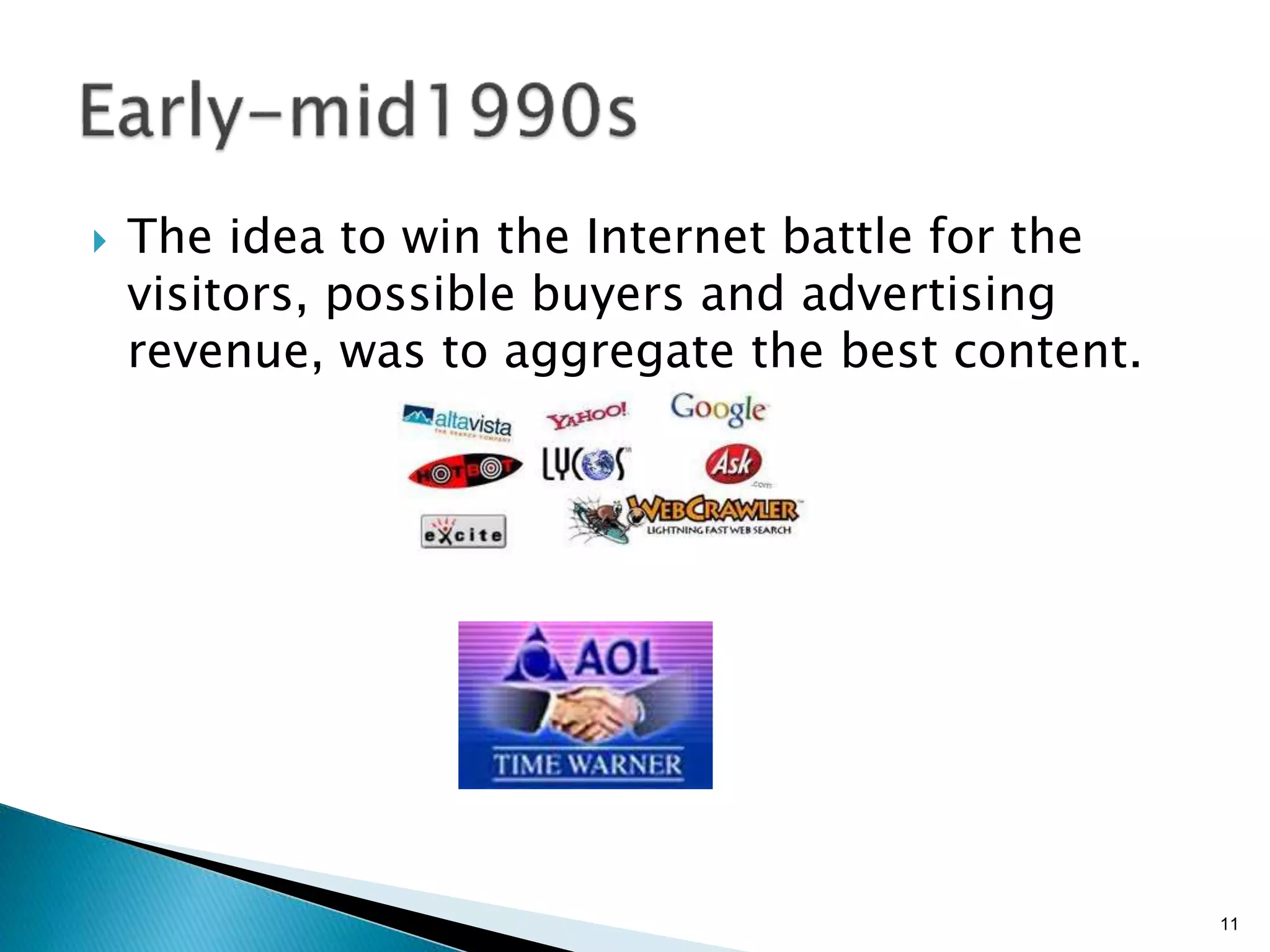 }  The idea to win the Internet battle for the
visitors, possible buyers and advertising
revenue, was to aggregate the best content.
11
 