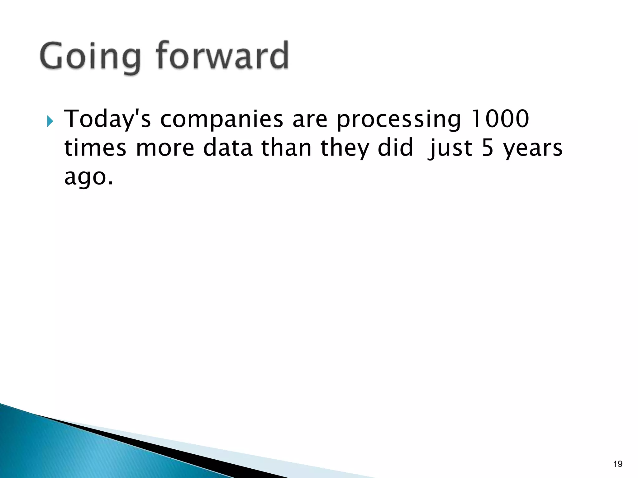 }  Today's companies are processing 1000
times more data than they did  just 5 years
ago. 
19
 