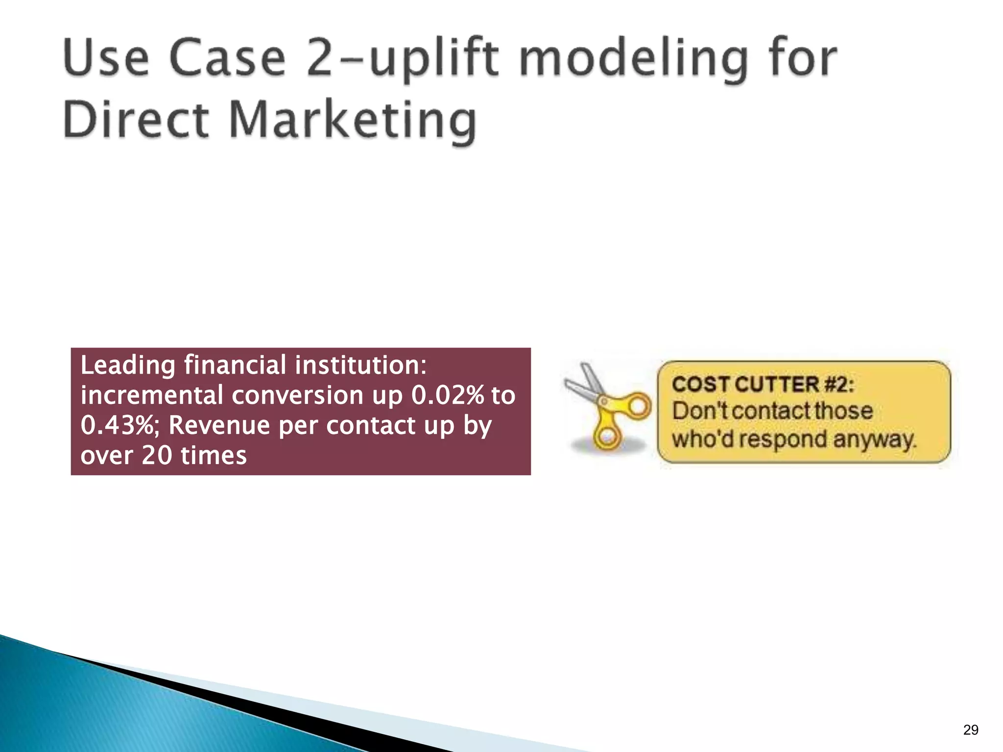 29
Leading financial institution:
incremental conversion up 0.02% to
0.43%; Revenue per contact up by
over 20 times
 