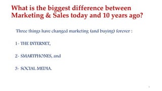 What is the biggest difference between
Marketing & Sales today and 10 years ago?
3
Three things have changed marketing (and buying) forever :
1- THE INTERNET,
2- SMARTPHONES, and
3- SOCIAL MEDIA.
 