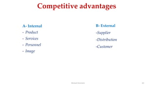Competitive advantages
A- Internal
- Product
- Services
- Personnel
- Image
Ahmed Ghoniem 62
B- External
-Supplier
-Distribution
-Customer
 