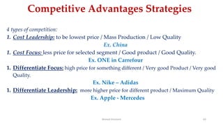 Competitive Advantages Strategies
4 types of competition:
1. Cost Leadership: to be lowest price / Mass Production / Low Quality
Ex. China
1. Cost Focus: less price for selected segment / Good product / Good Quality.
Ex. ONE in Carrefour
1. Differentiate Focus: high price for something different / Very good Product / Very good
Quality.
Ex. Nike – Adidas
1. Differentiate Leadership: more higher price for different product / Maximum Quality
Ex. Apple - Mercedes
Ahmed Ghoniem 63
 