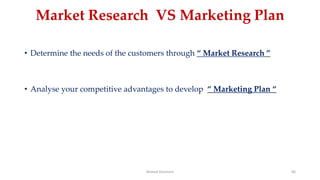 Market Research VS Marketing Plan
• Determine the needs of the customers through “ Market Research ”
• Analyse your competitive advantages to develop “ Marketing Plan “
Ahmed Ghoniem 66
 